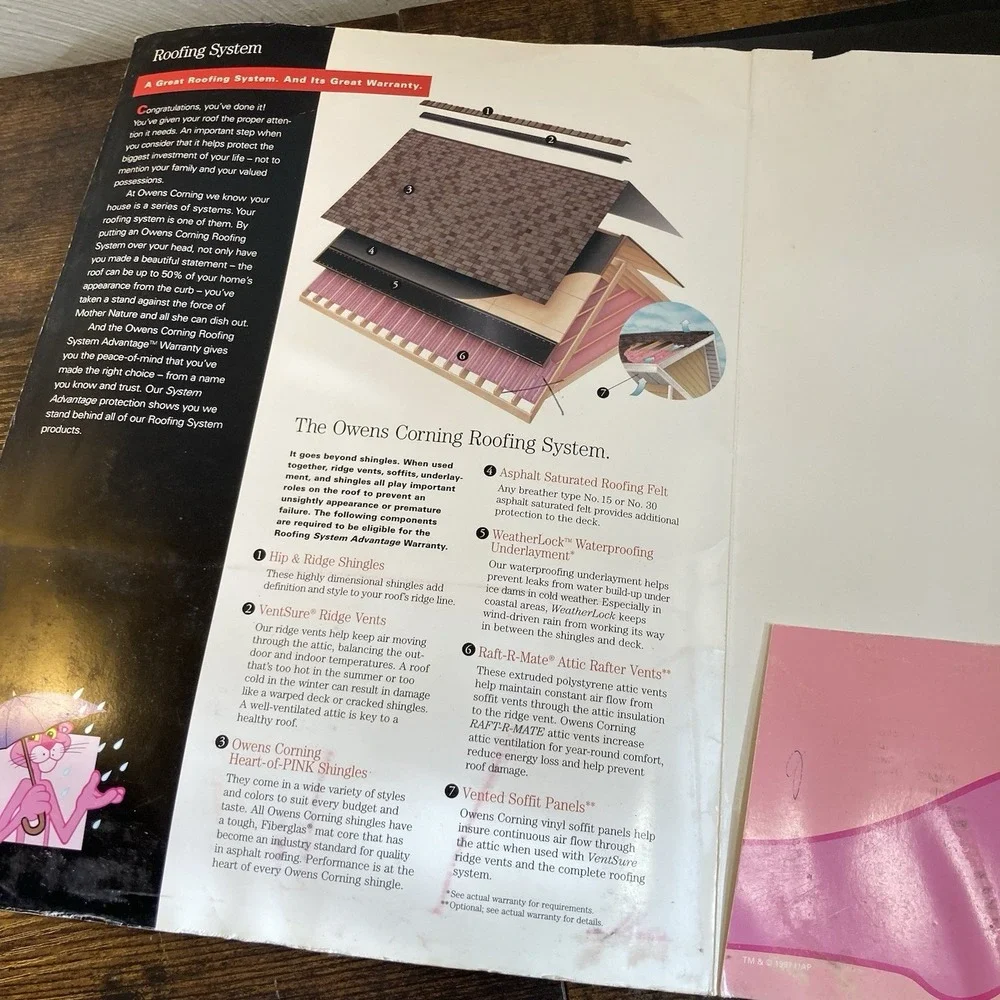 Owens Corning Vtg Pink Panther Folder + Homeowner Warranty Kit 1997 Booklet Roof
